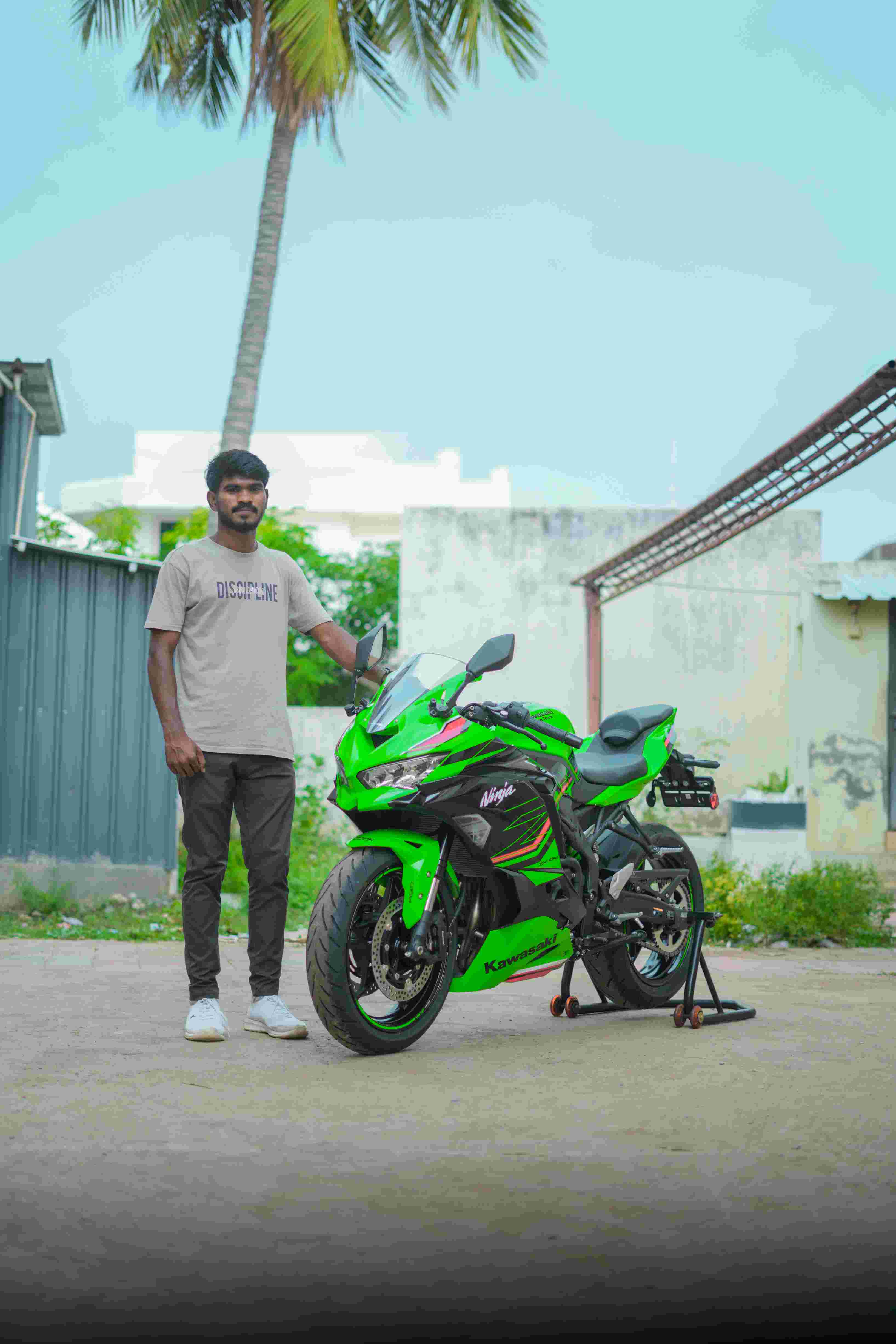 Green sports bike parked