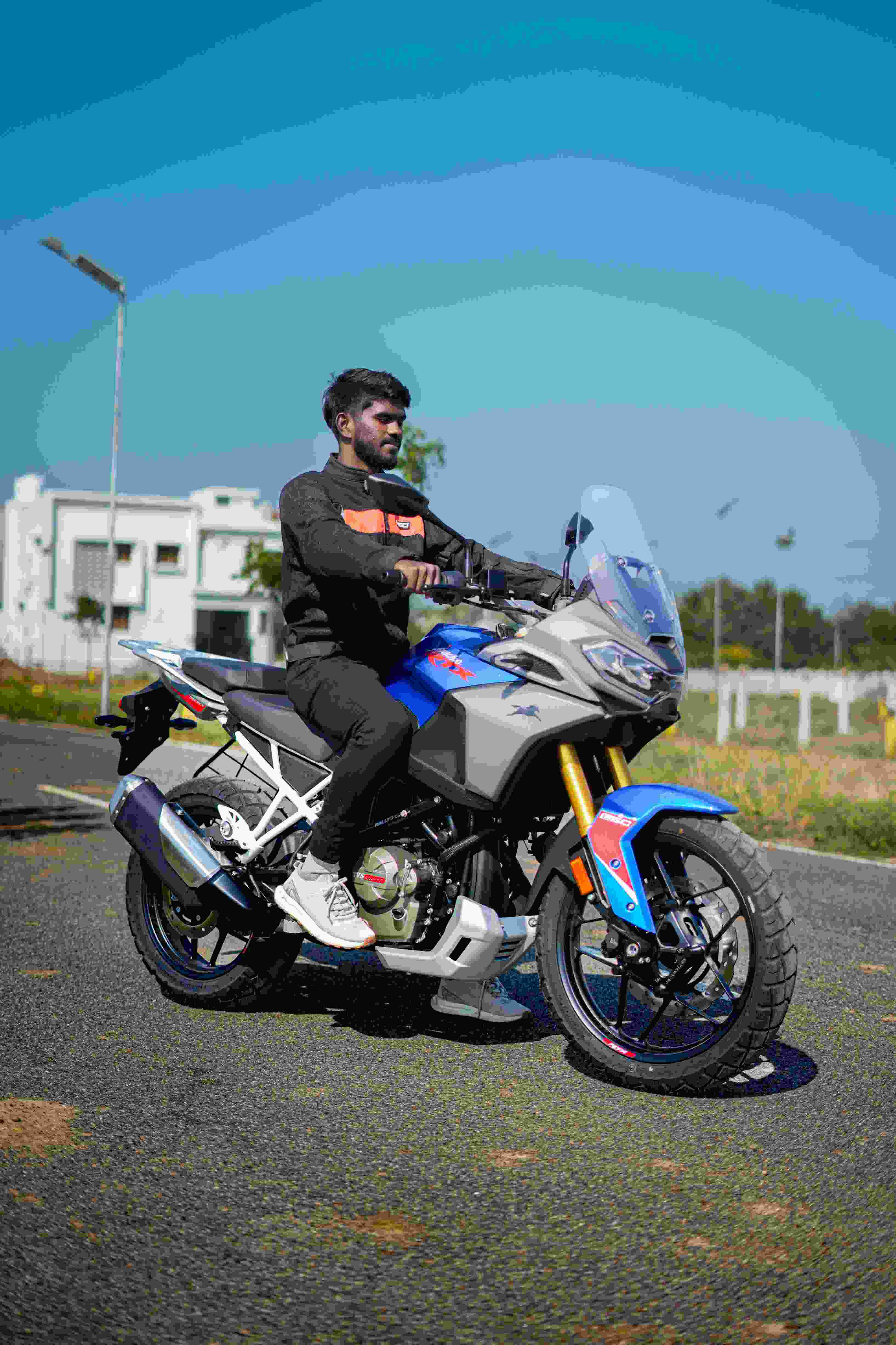 Adventure bike rider pose